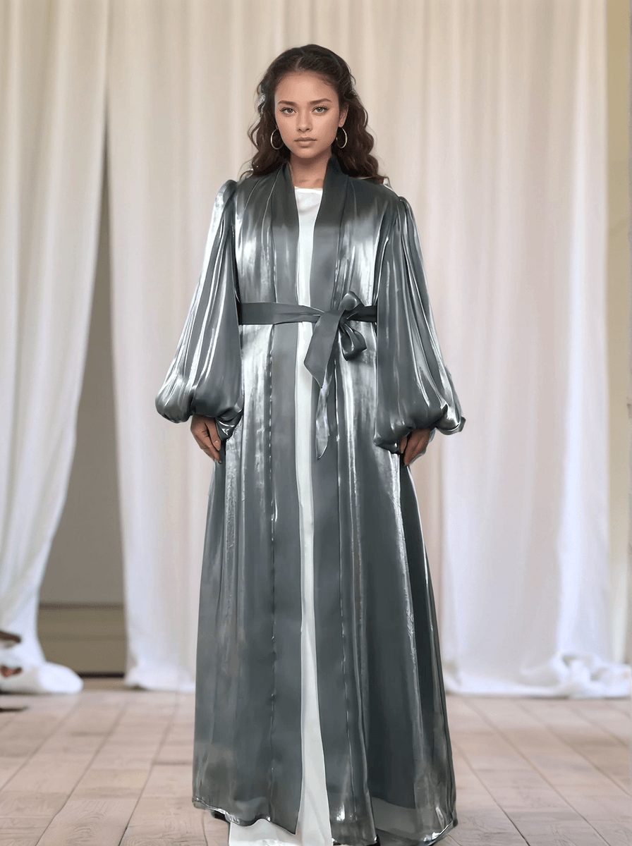 Premium Eid Abaya | Shiny Open Abaya with Balloon Sleeves-GREY - Mahathelabel