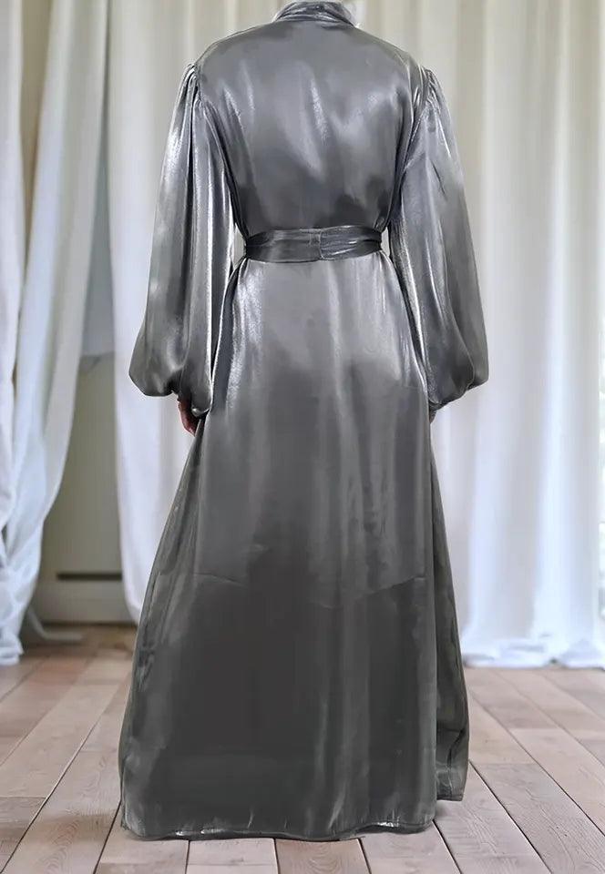 Premium Eid Abaya | Shiny Open Abaya with Balloon Sleeves-GREY - Mahathelabel