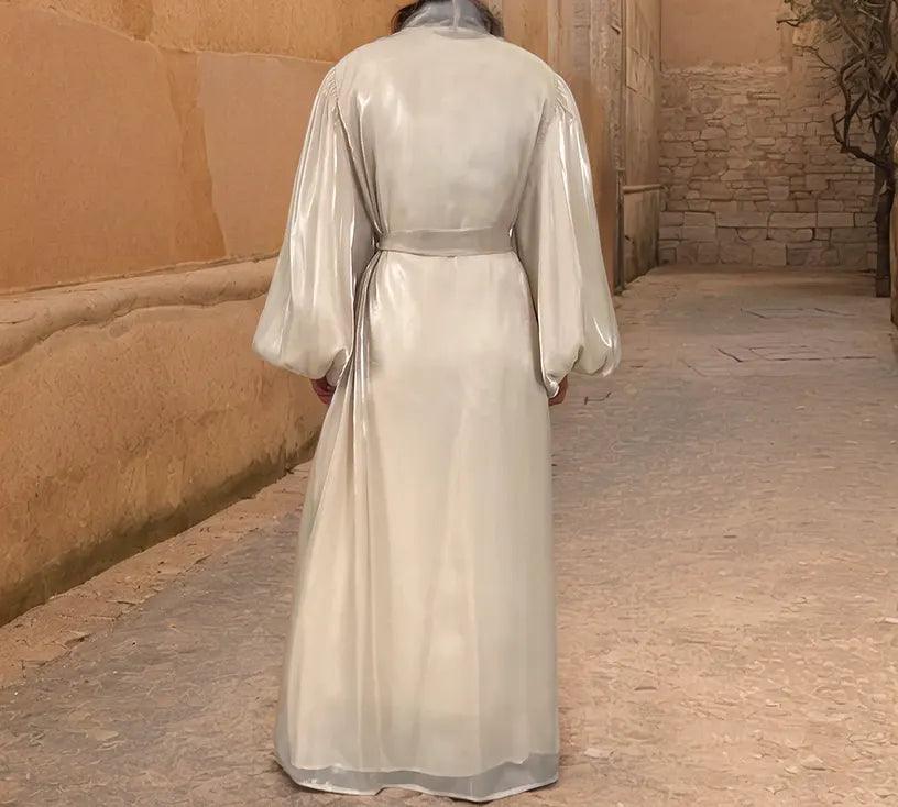 Premium Eid Abaya | Shiny Open Abaya with Balloon Sleeves-BEIGE - Mahathelabel