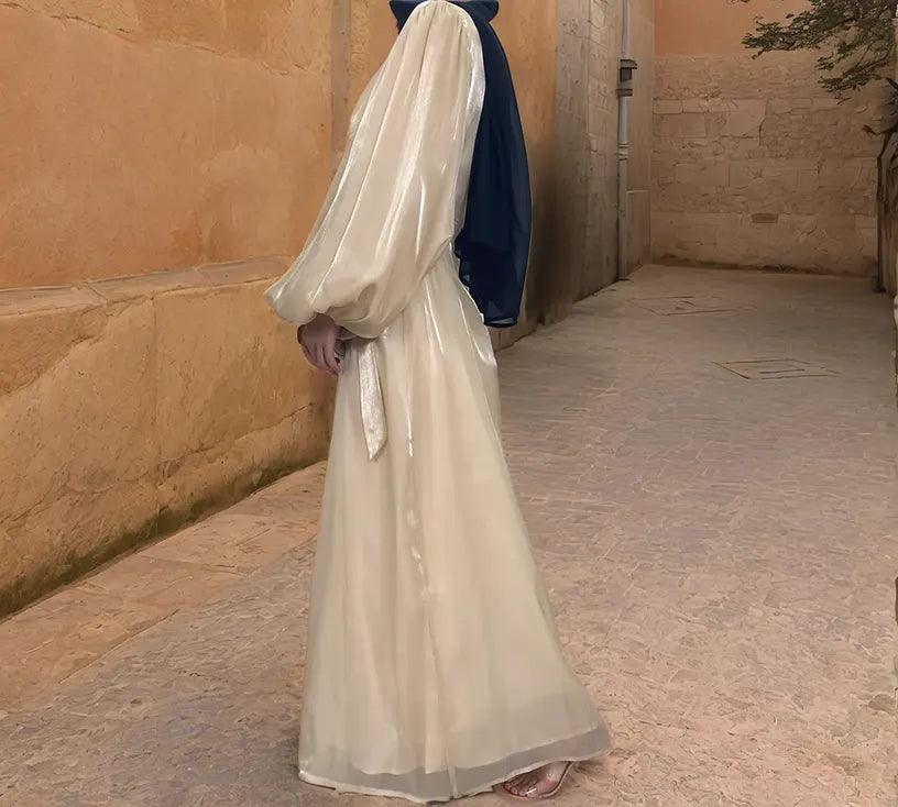 Premium Eid Abaya | Shiny Open Abaya with Balloon Sleeves-BEIGE - Mahathelabel