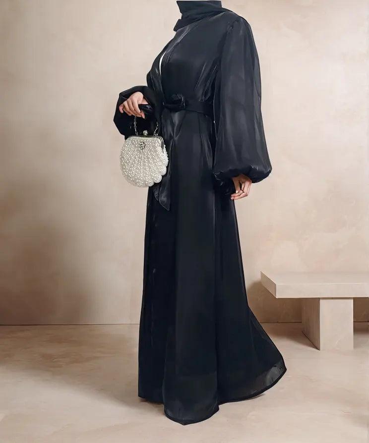 Premium Eid Abaya | Shiny Open Abaya with Balloon Sleeves-BLACK - Mahathelabel
