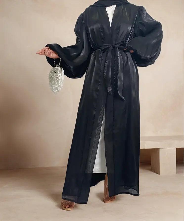 Premium Eid Abaya | Shiny Open Abaya with Balloon Sleeves-BLACK - Mahathelabel