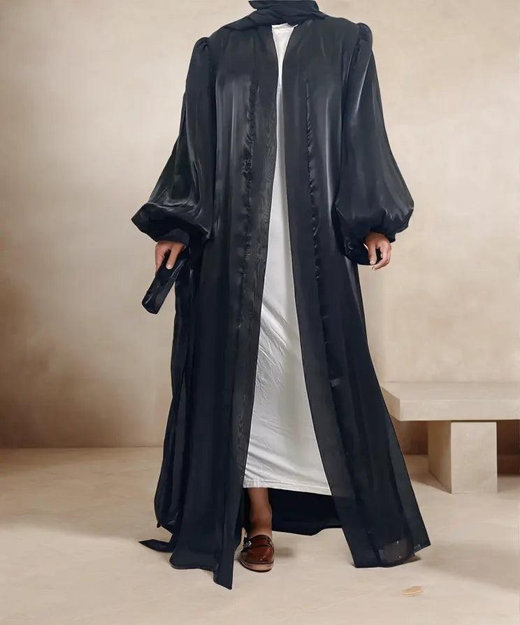 Premium Eid Abaya | Shiny Open Abaya with Balloon Sleeves-BLACK - Mahathelabel
