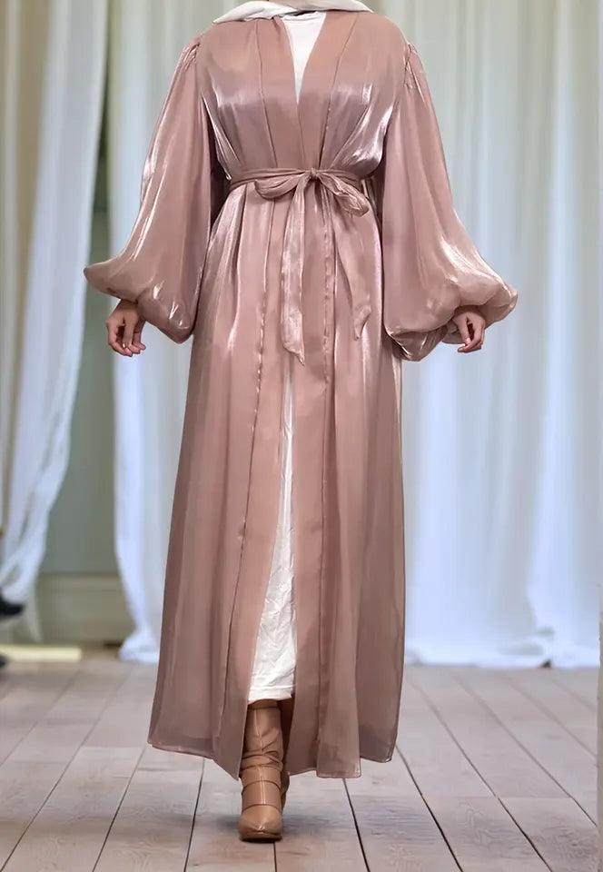 Premium Eid Abaya | Shiny Open Abaya with Balloon Sleeves-PINK - Mahathelabel