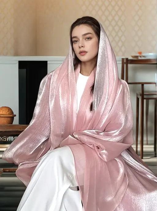 Premium Eid Abaya | Shiny Open Abaya with Balloon Sleeves-PINK - Mahathelabel