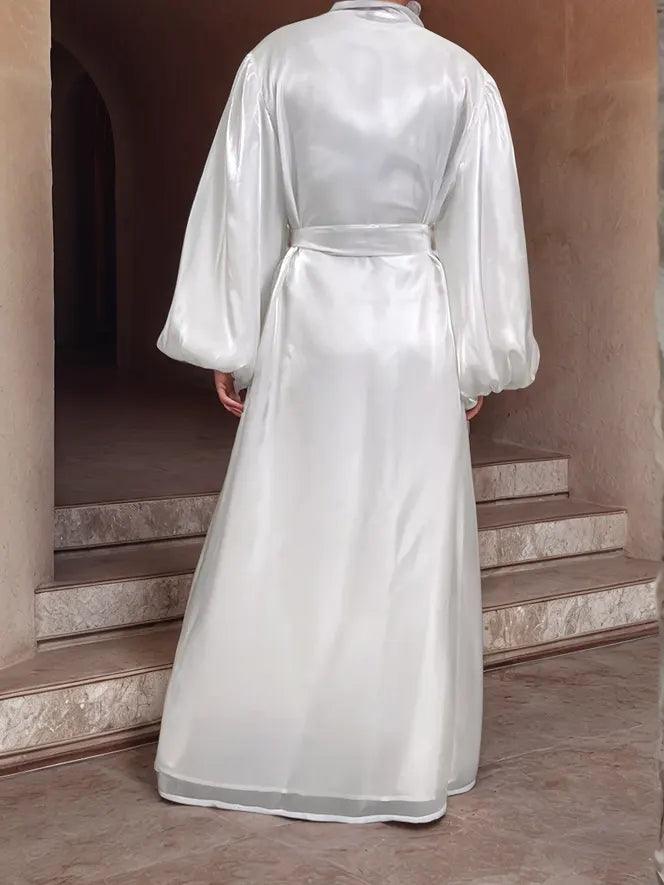 Premium Eid Abaya | Shiny Open Abaya with Balloon Sleeves-WHITE - Mahathelabel