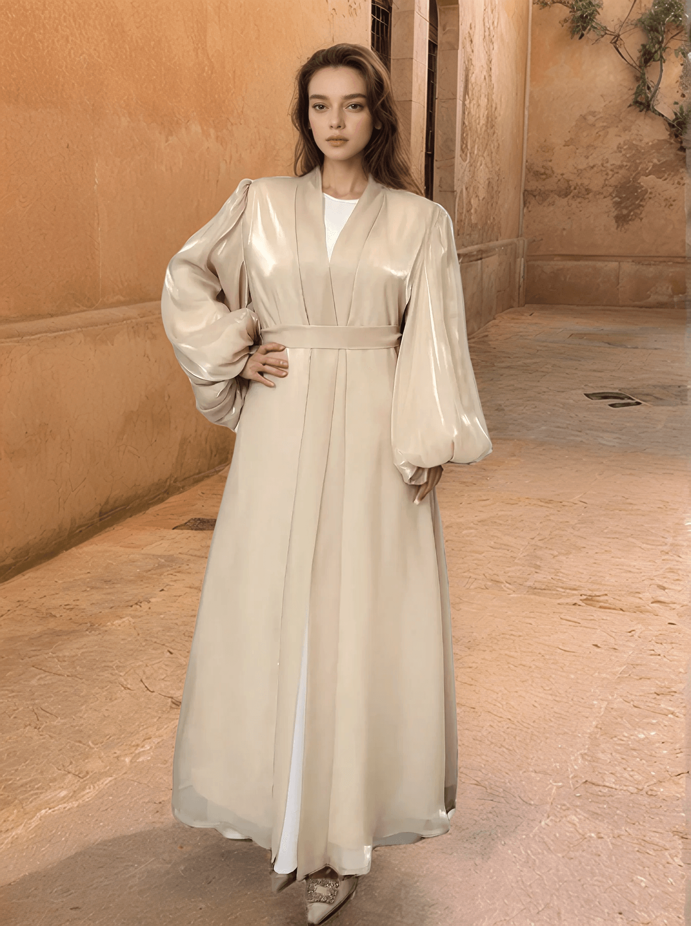 Premium Eid Abaya | Shiny Open Abaya with Balloon Sleeves-BEIGE - Mahathelabel