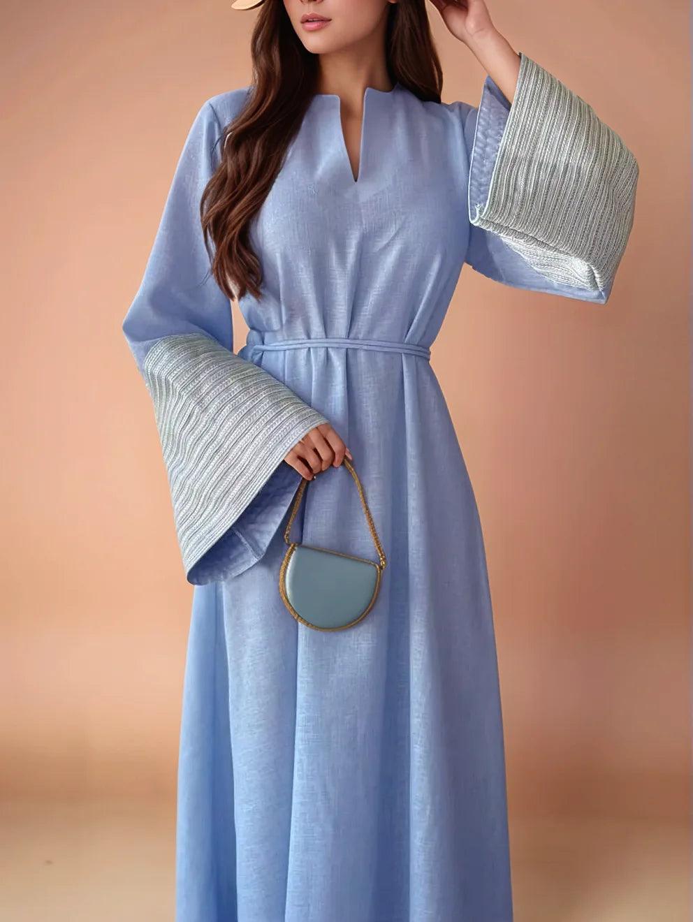 V-Neck Linen Abaya with Silver Embroidered Sleeves and Belt| MAHA THE LABEL - Mahathelabel