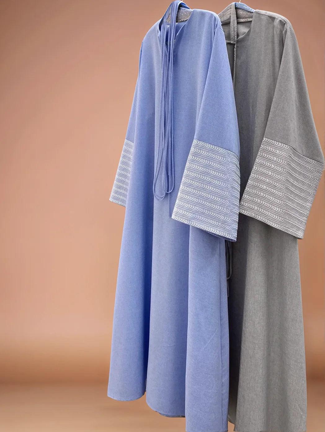 V-Neck Linen Abaya with Silver Embroidered Sleeves and Belt| MAHA THE LABEL - Mahathelabel