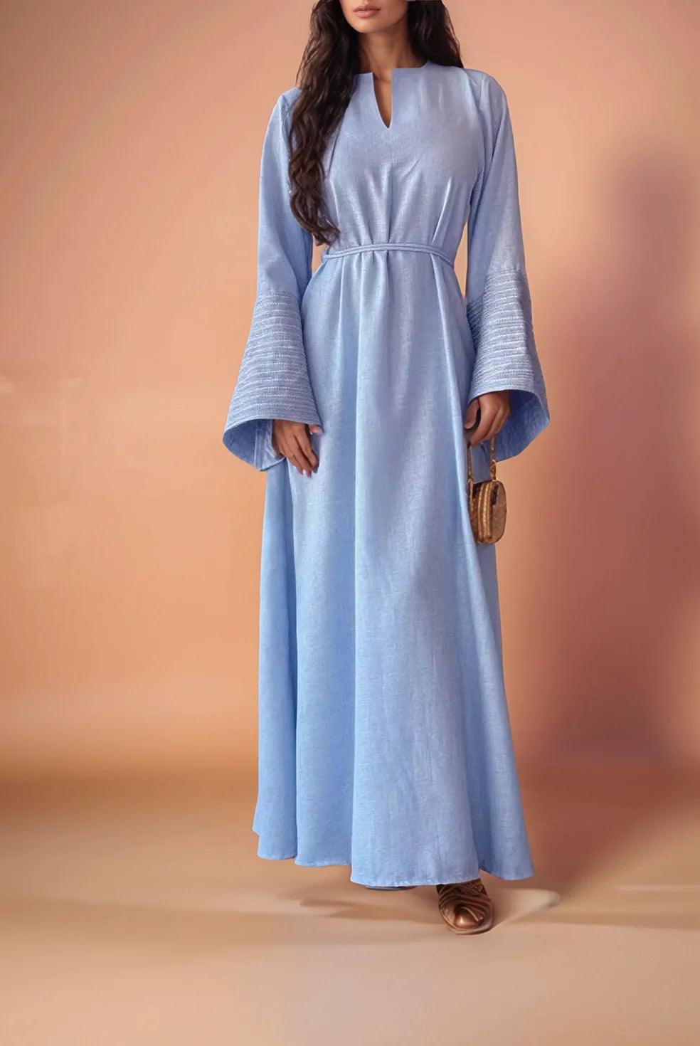 V-Neck Linen Abaya with Silver Embroidered Sleeves and Belt| MAHA THE LABEL - Mahathelabel