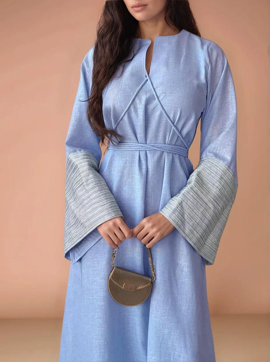 V-Neck Linen Abaya with Silver Embroidered Sleeves and Belt| MAHA THE LABEL - Mahathelabel