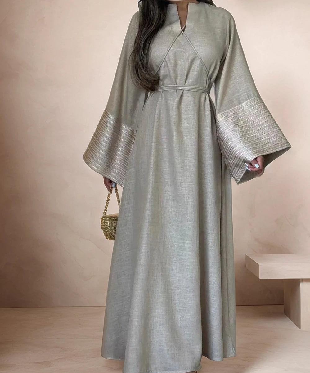 V-Neck Linen Abaya with Silver Embroidered Sleeves and Belt| MAHA THE LABEL - Mahathelabel