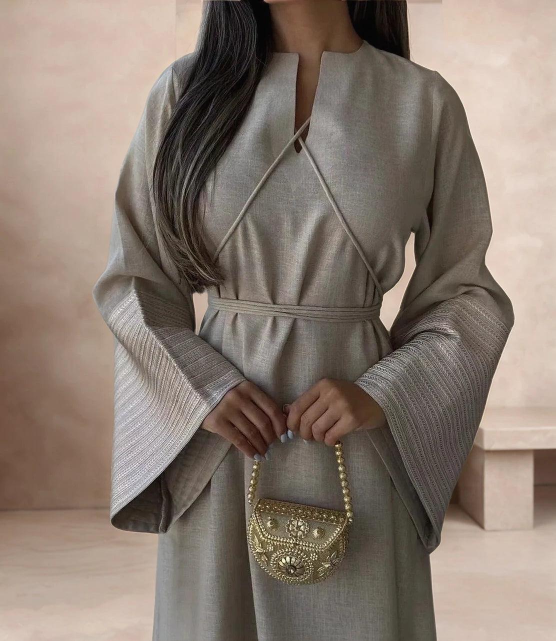 V-Neck Linen Abaya with Silver Embroidered Sleeves and Belt| MAHA THE LABEL - Mahathelabel
