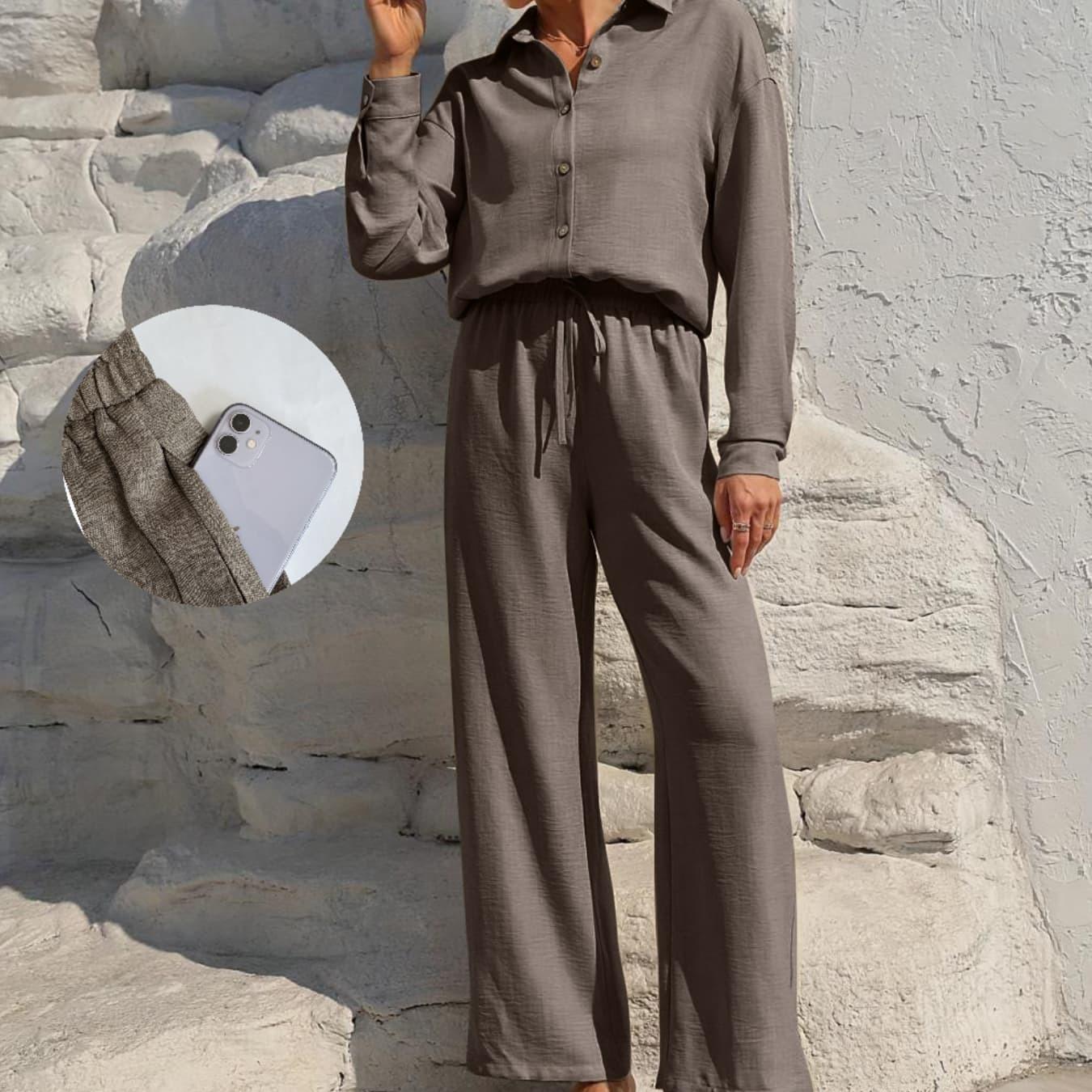 MH41 Button-Front Shirt & Tie-Waist Wide-Leg Pants Set (2-Piece, Pockets)