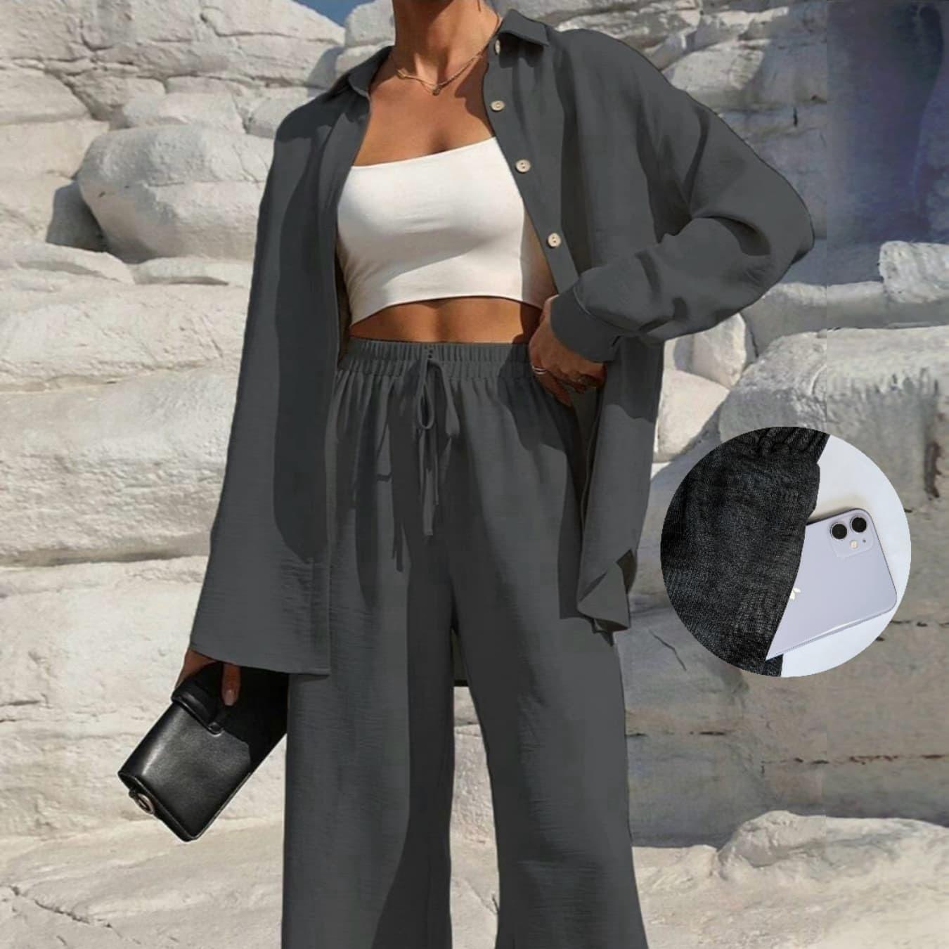 MH41 Button-Front Shirt & Tie-Waist Wide-Leg Pants Set (2-Piece, Pockets)