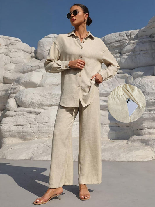 MH41 Button-Front Shirt & Tie-Waist Wide-Leg Pants Set (2-Piece, Pockets)
