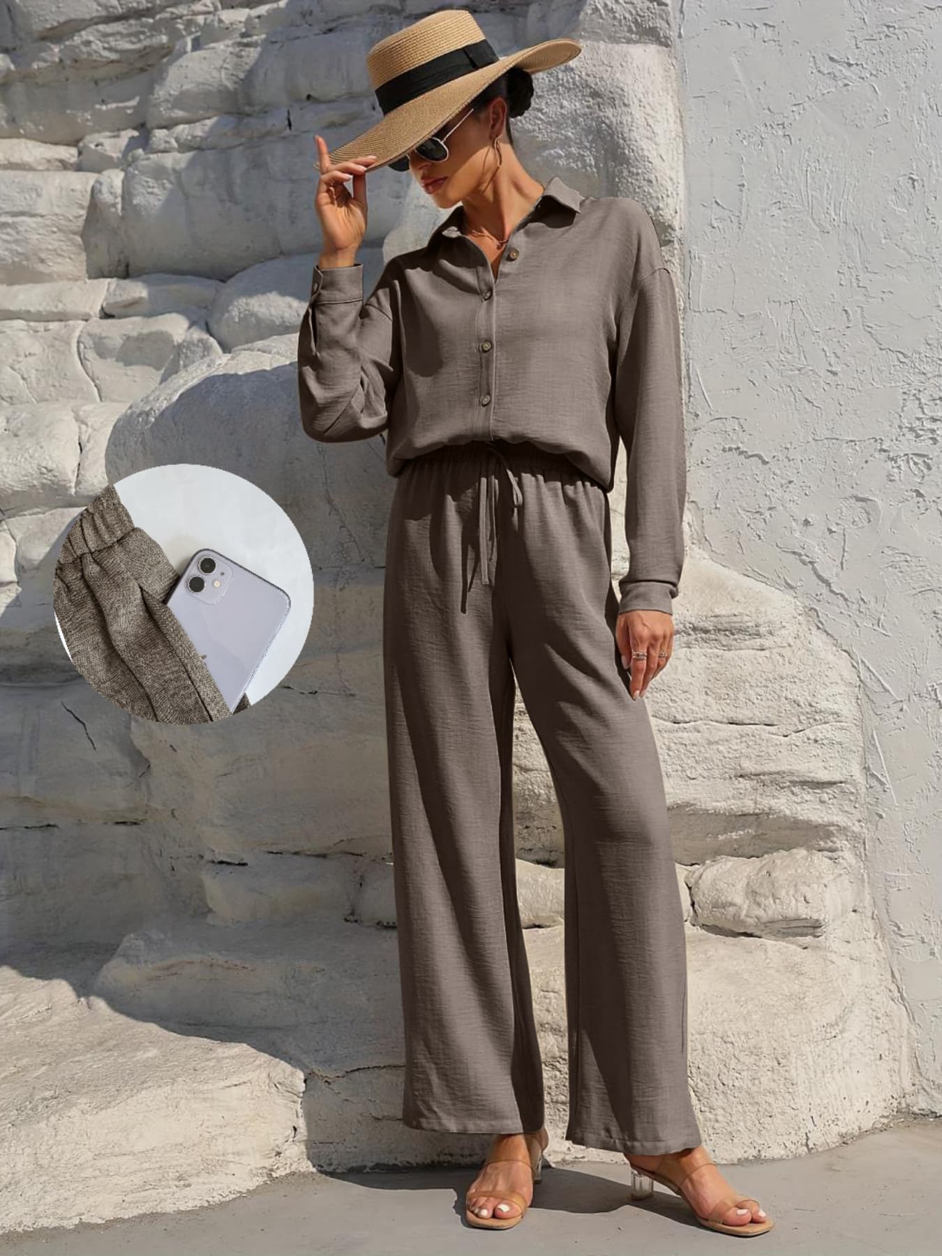 MH41 Button-Front Shirt & Tie-Waist Wide-Leg Pants Set (2-Piece, Pockets)