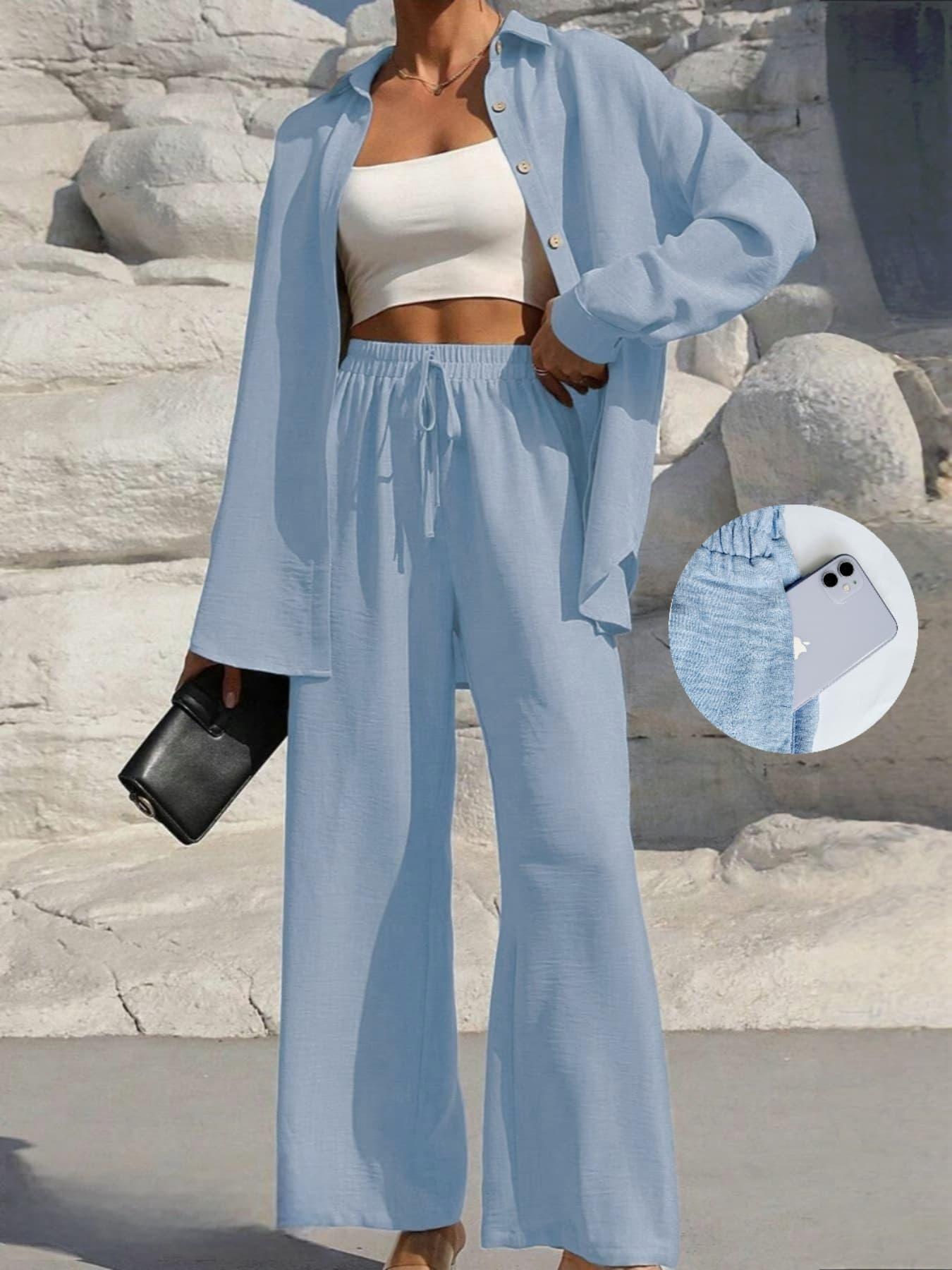 MH41 Button-Front Shirt & Tie-Waist Wide-Leg Pants Set (2-Piece, Pockets)