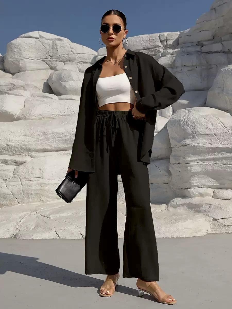MH41 Button-Front Shirt & Tie-Waist Wide-Leg Pants Set (2-Piece, Pockets)