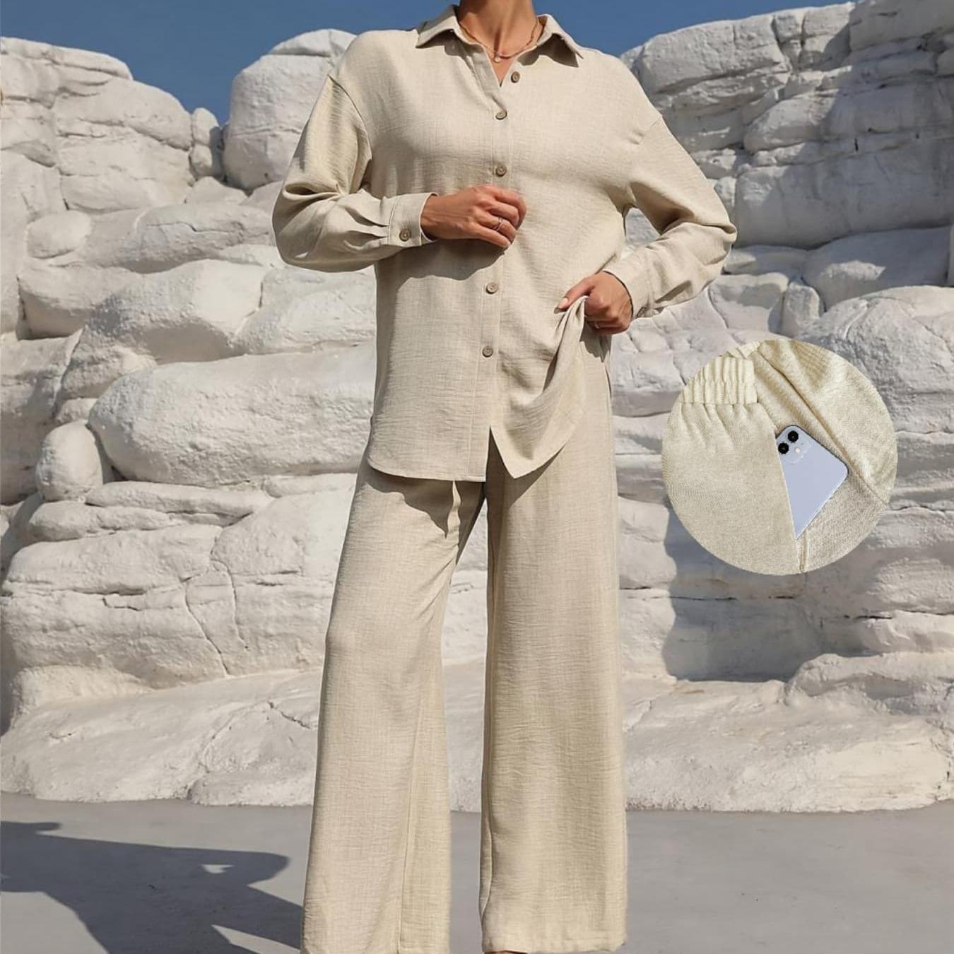 MH41 Button-Front Shirt & Tie-Waist Wide-Leg Pants Set (2-Piece, Pockets)