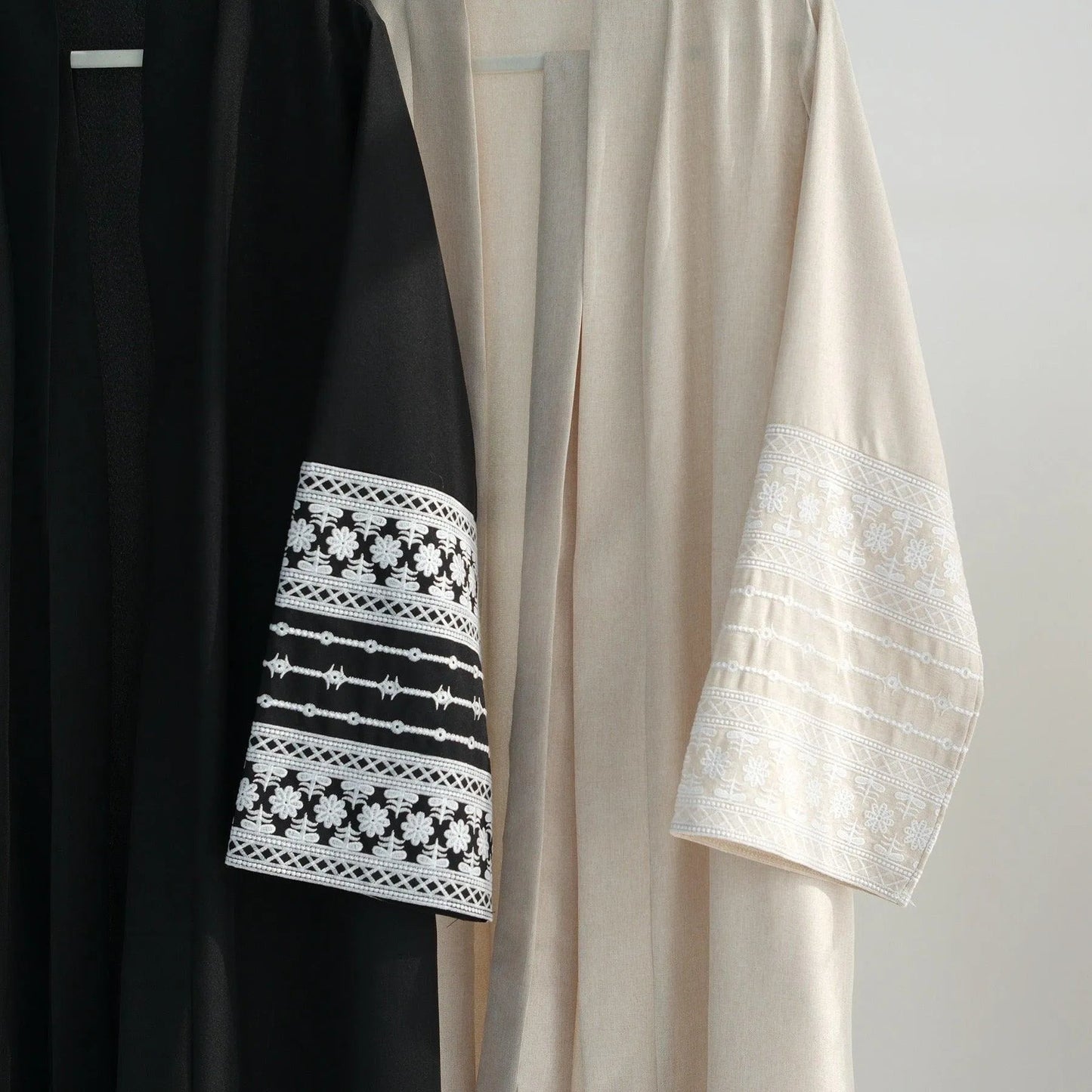 MH88 Linen Embroidered Abaya with Belt & Pockets – Modest Open Style for Eid & Daily Wear