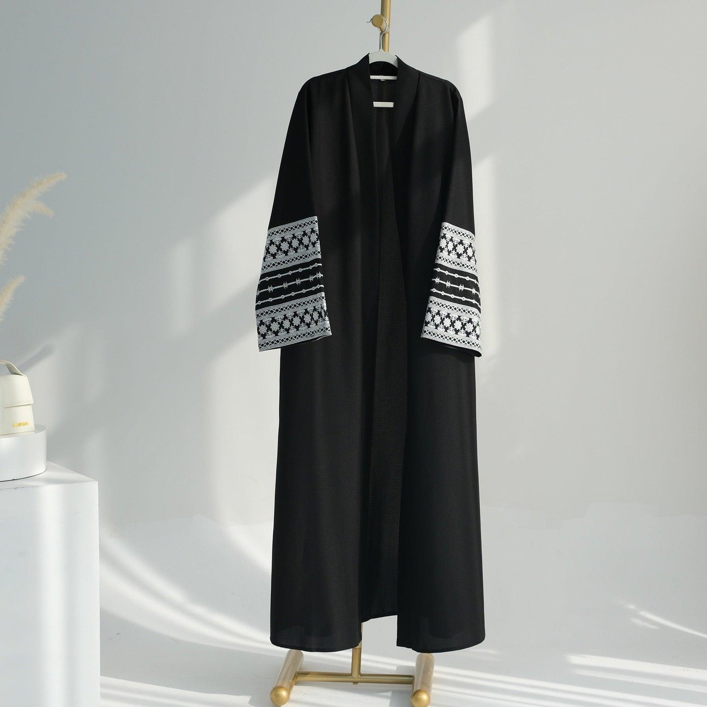 MH88 Linen Embroidered Abaya with Belt & Pockets – Modest Open Style for Eid & Daily Wear