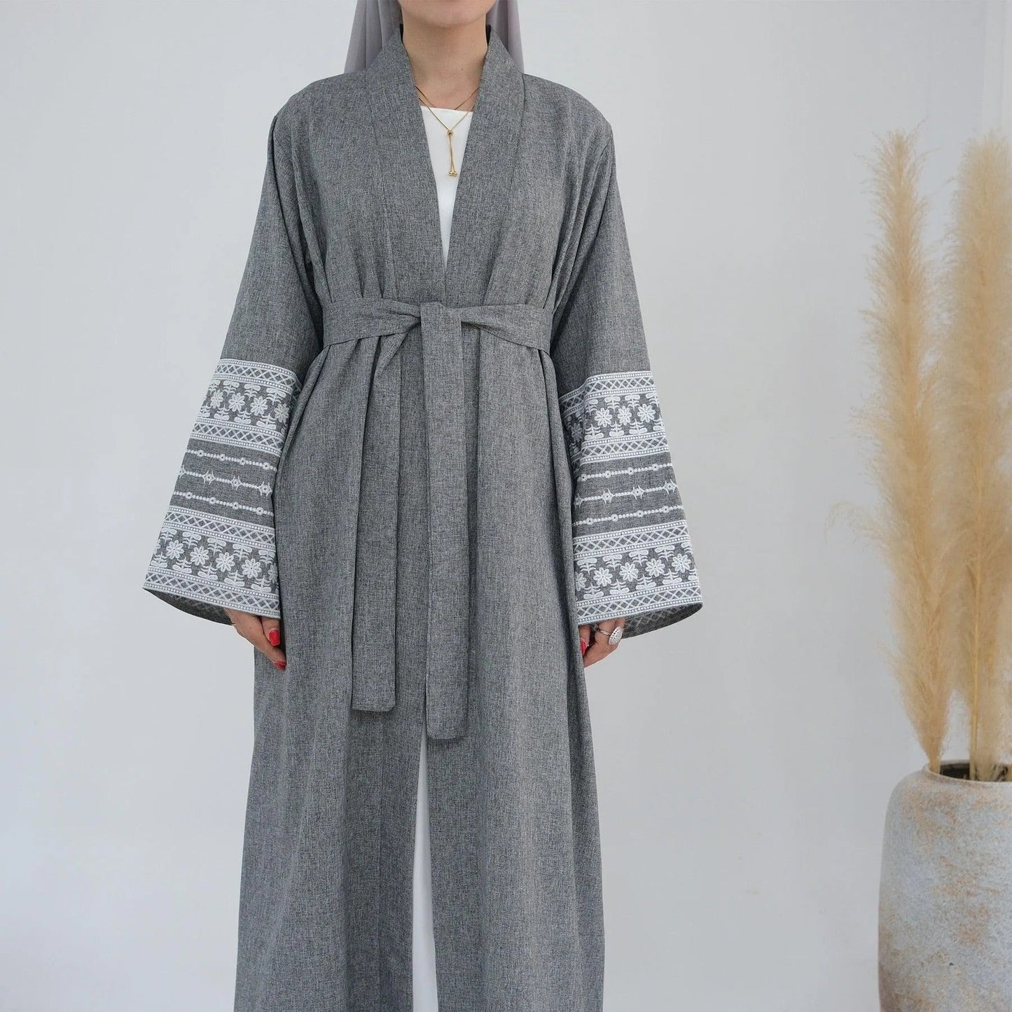 MH88 Linen Embroidered Abaya with Belt & Pockets – Modest Open Style for Eid & Daily Wear