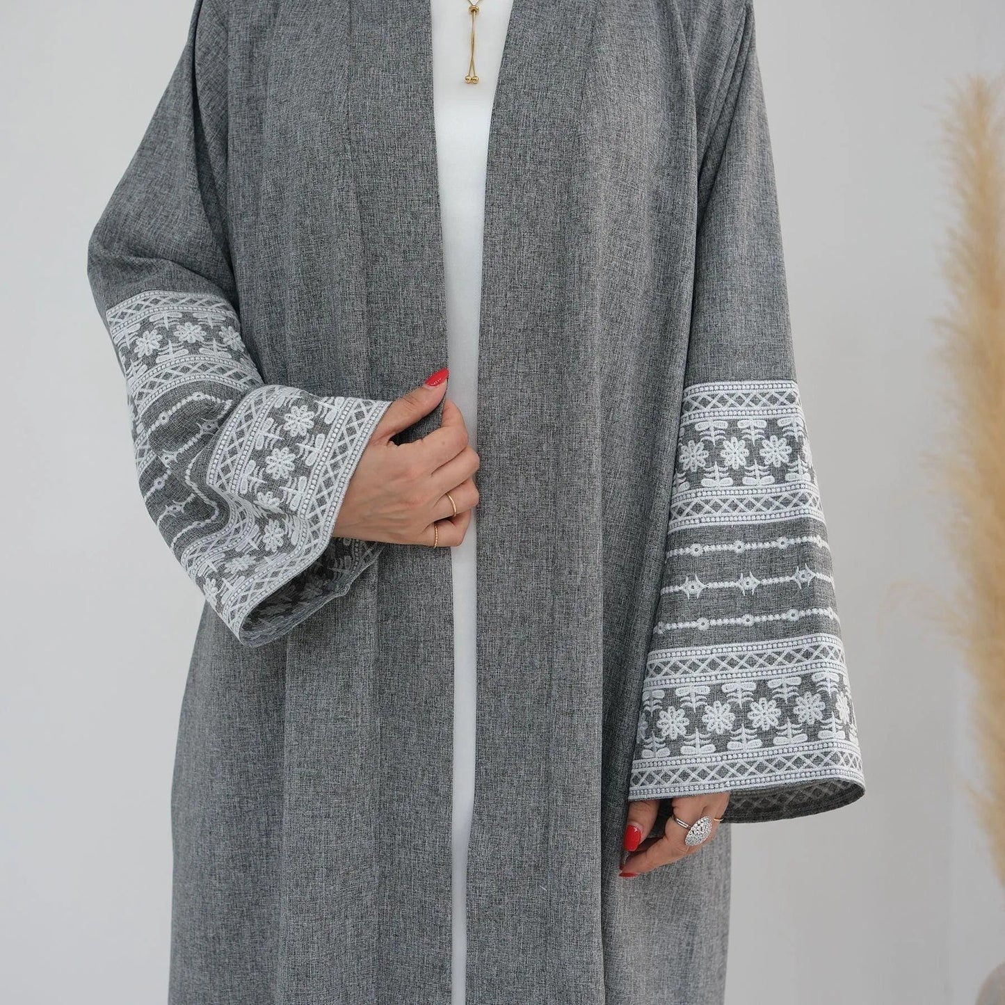 MH88 Linen Embroidered Abaya with Belt & Pockets – Modest Open Style for Eid & Daily Wear