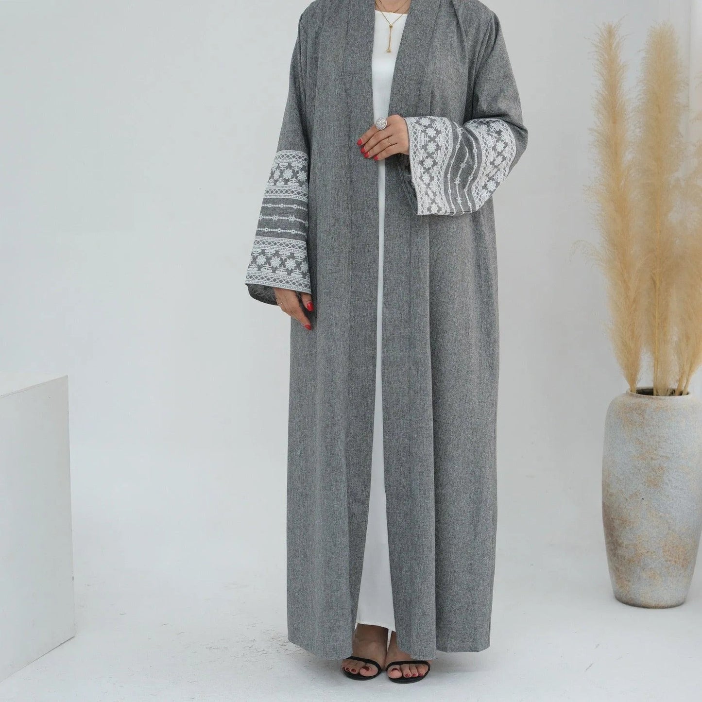 MH88 Linen Embroidered Abaya with Belt & Pockets – Modest Open Style for Eid & Daily Wear