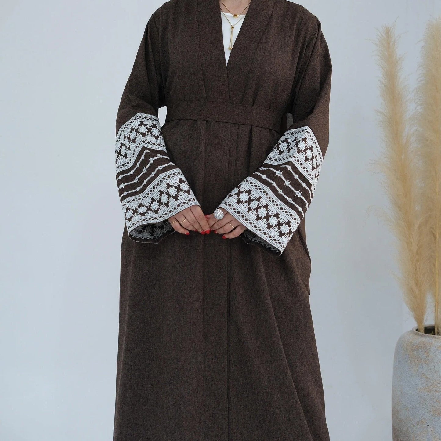 MH40 Linen Embroidered Abaya with Belt & Pockets – Elegant Open Front Cardigan for Eid & Everyday