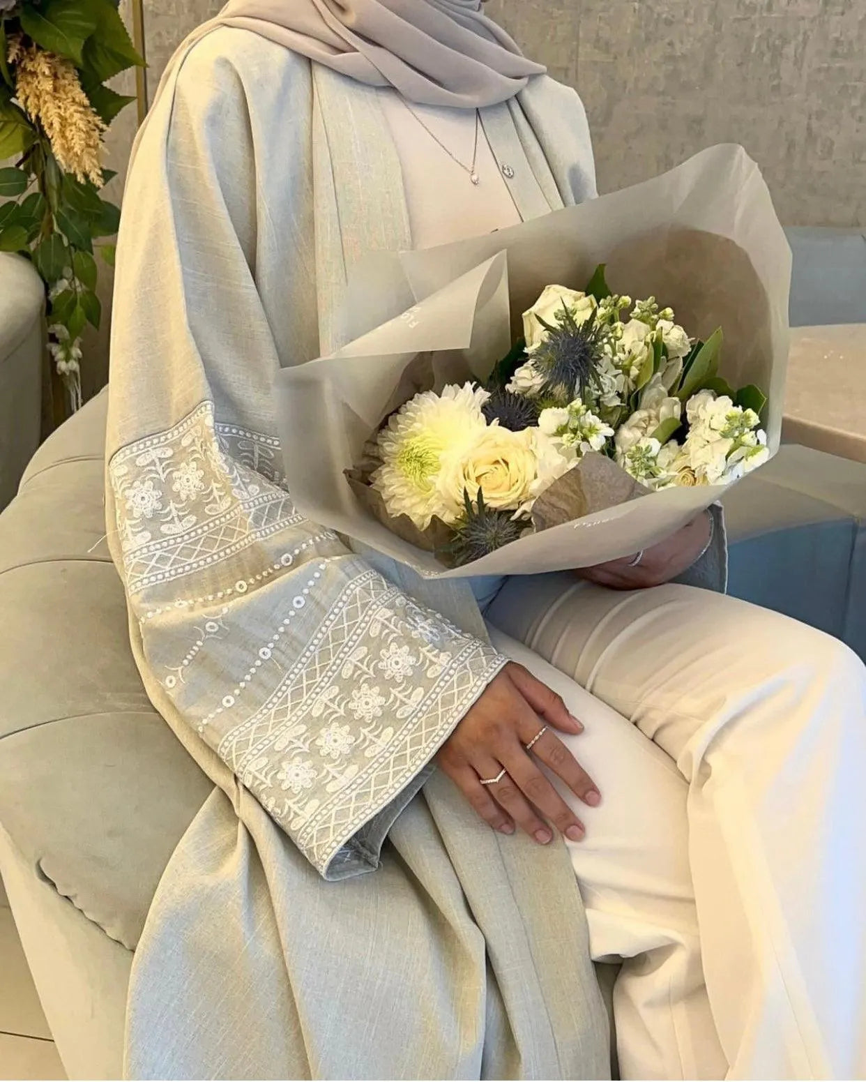 MH88 Linen Embroidered Abaya with Belt & Pockets – Modest Open Style for Eid & Daily Wear