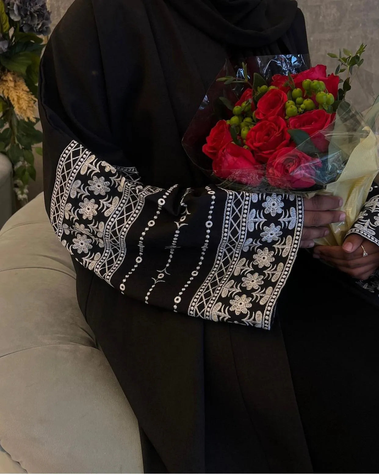 MH88 Linen Embroidered Abaya with Belt & Pockets – Modest Open Style for Eid & Daily Wear
