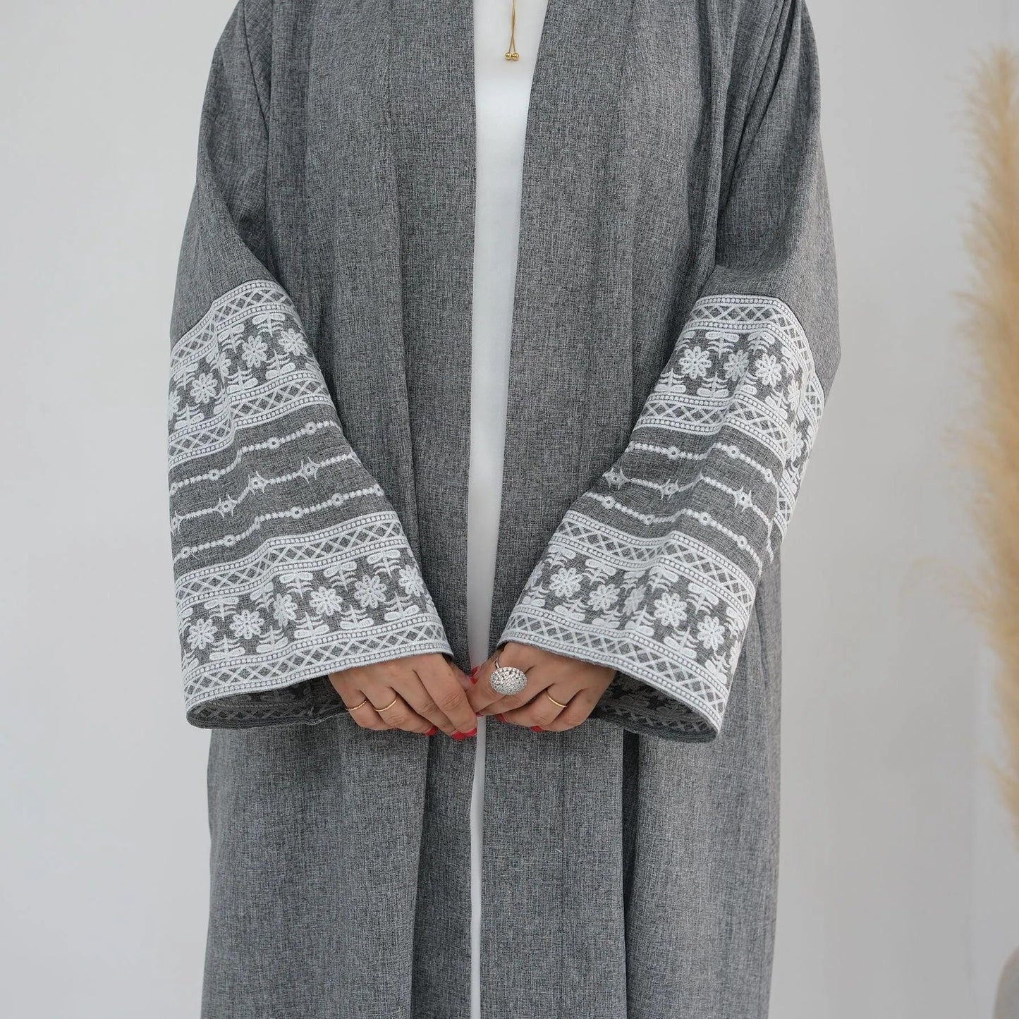 MH88 Linen Embroidered Abaya with Belt & Pockets – Modest Open Style for Eid & Daily Wear