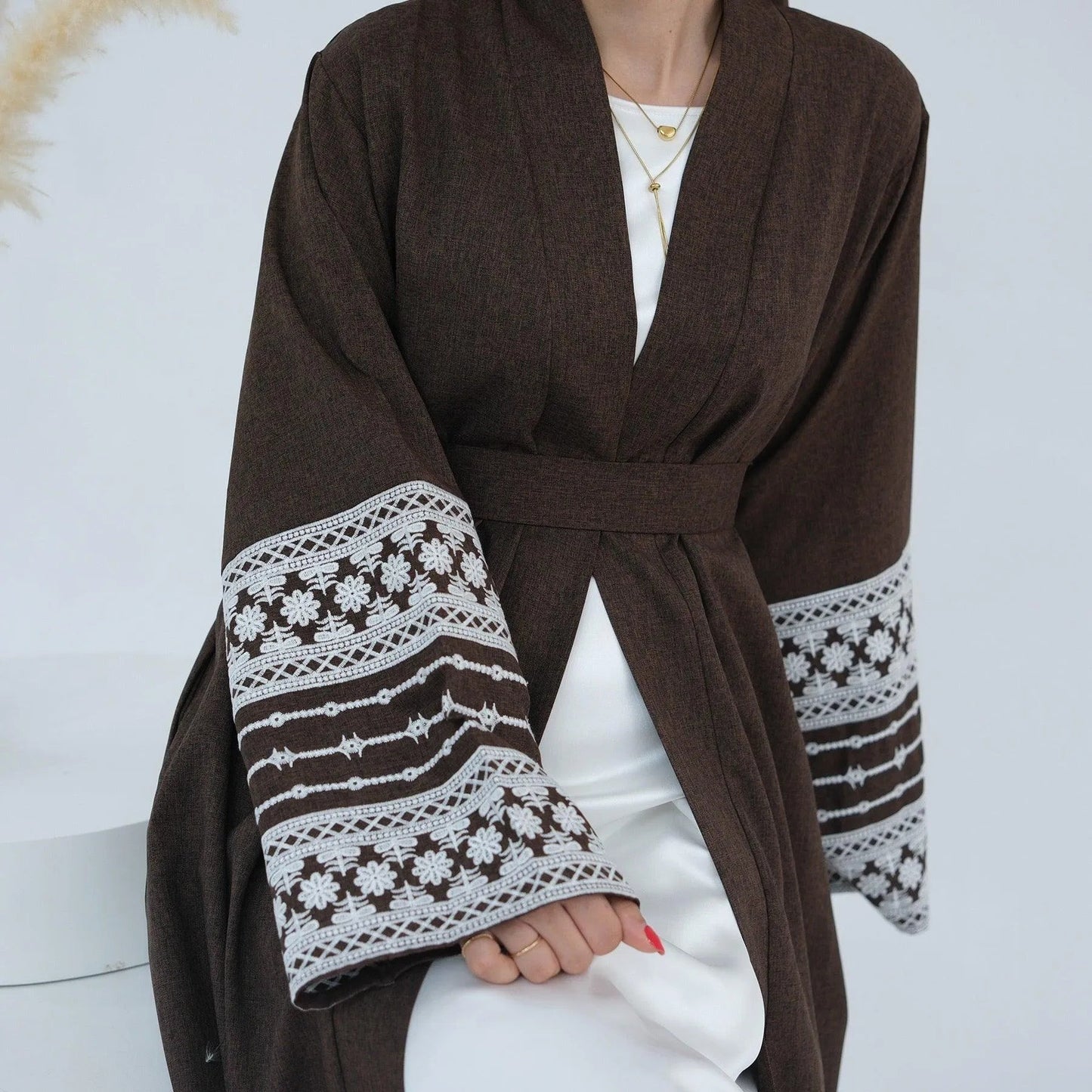 MH88 Linen Embroidered Abaya with Belt & Pockets – Modest Open Style for Eid & Daily Wear