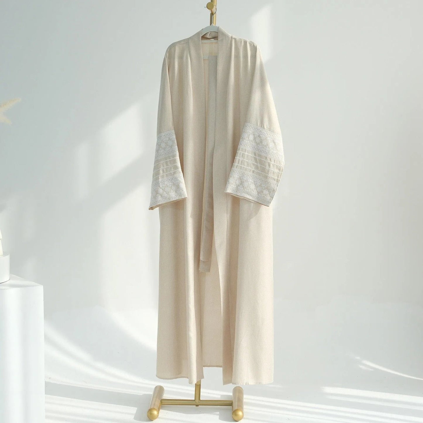 MH88 Linen Embroidered Abaya with Belt & Pockets – Modest Open Style for Eid & Daily Wear