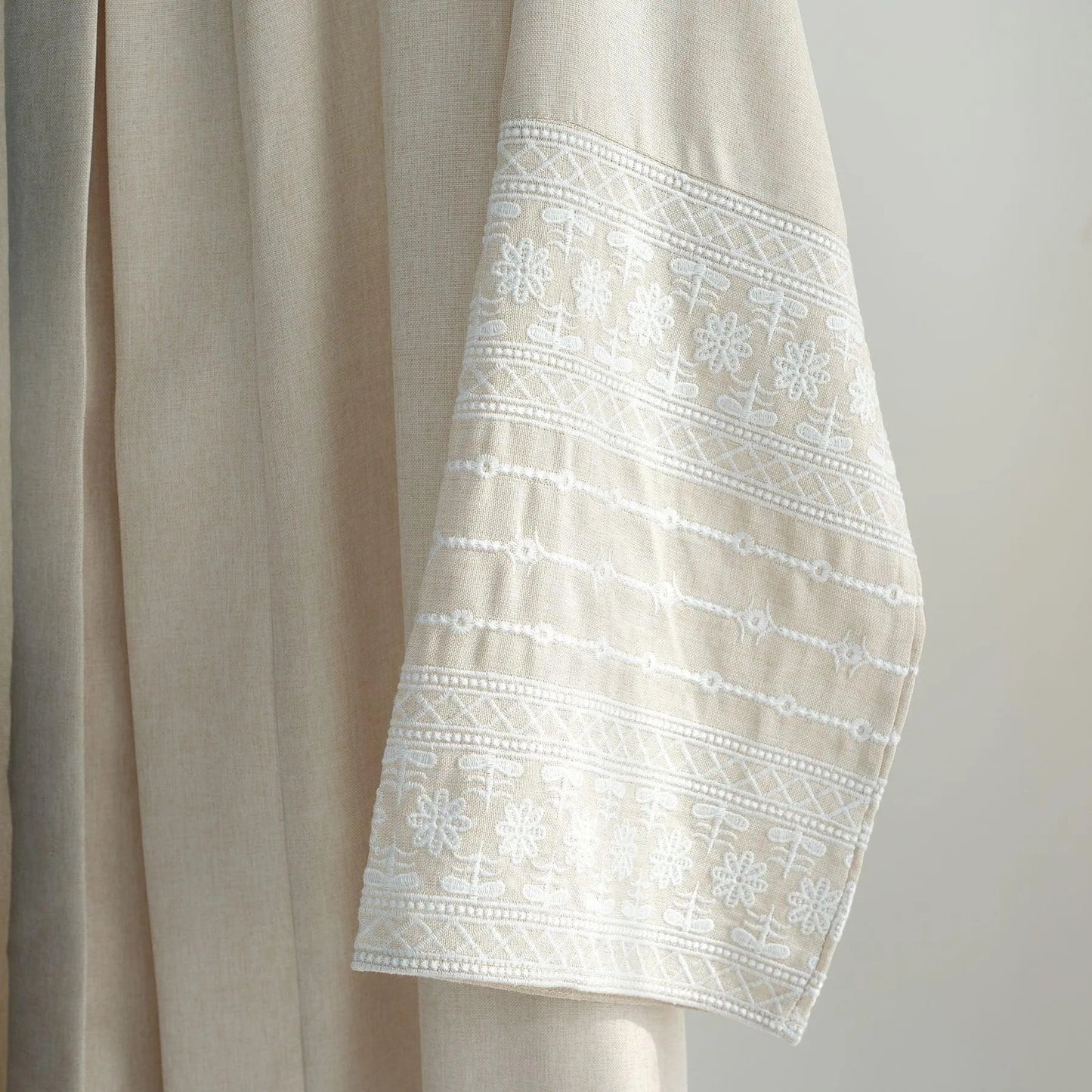 MH88 Linen Embroidered Abaya with Belt & Pockets – Modest Open Style for Eid & Daily Wear