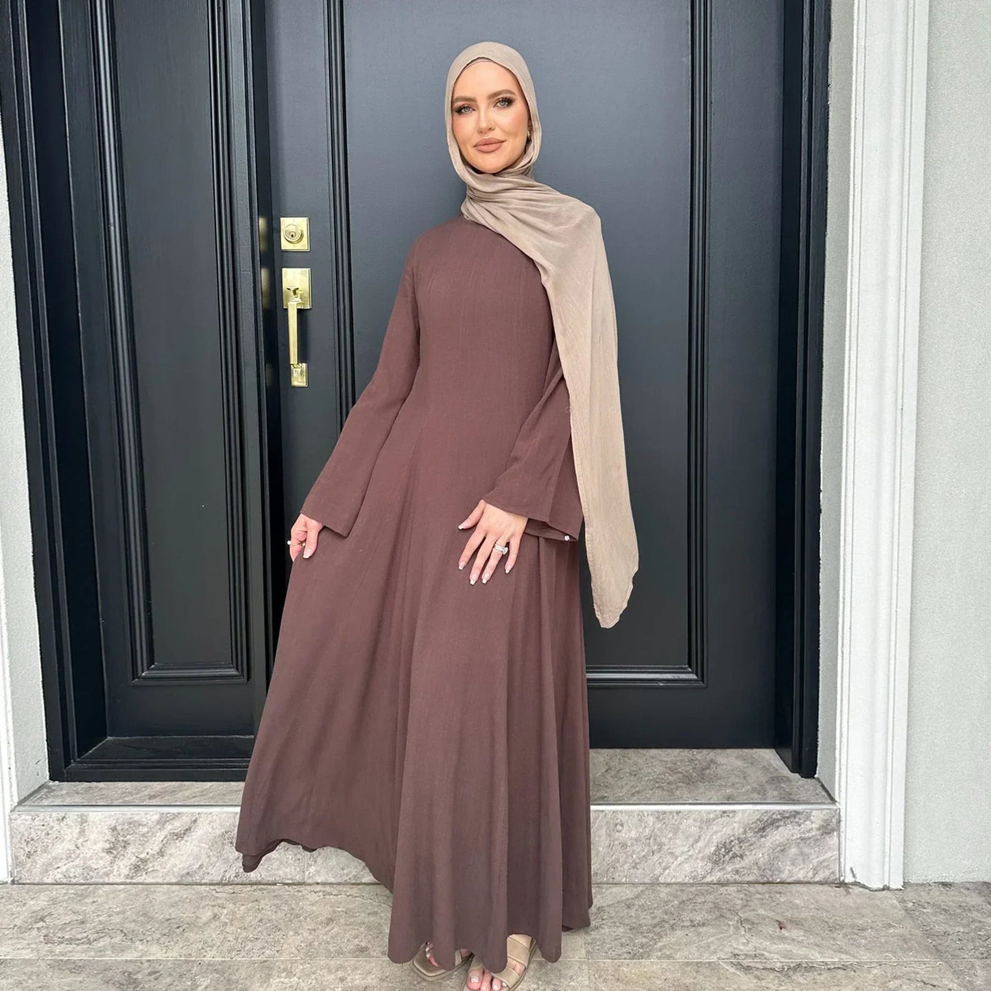 MH36 Tie-Back Linen Cotton Abaya – Slim Fit, Size-Up Comfort | Modest Eid Dress