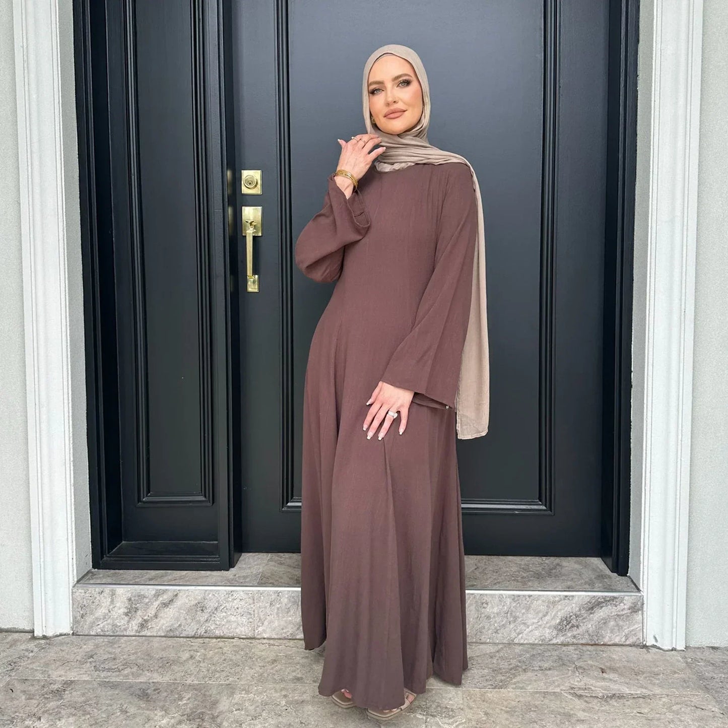MH36 Tie-Back Linen Cotton Abaya – Slim Fit, Size-Up Comfort | Modest Eid Dress