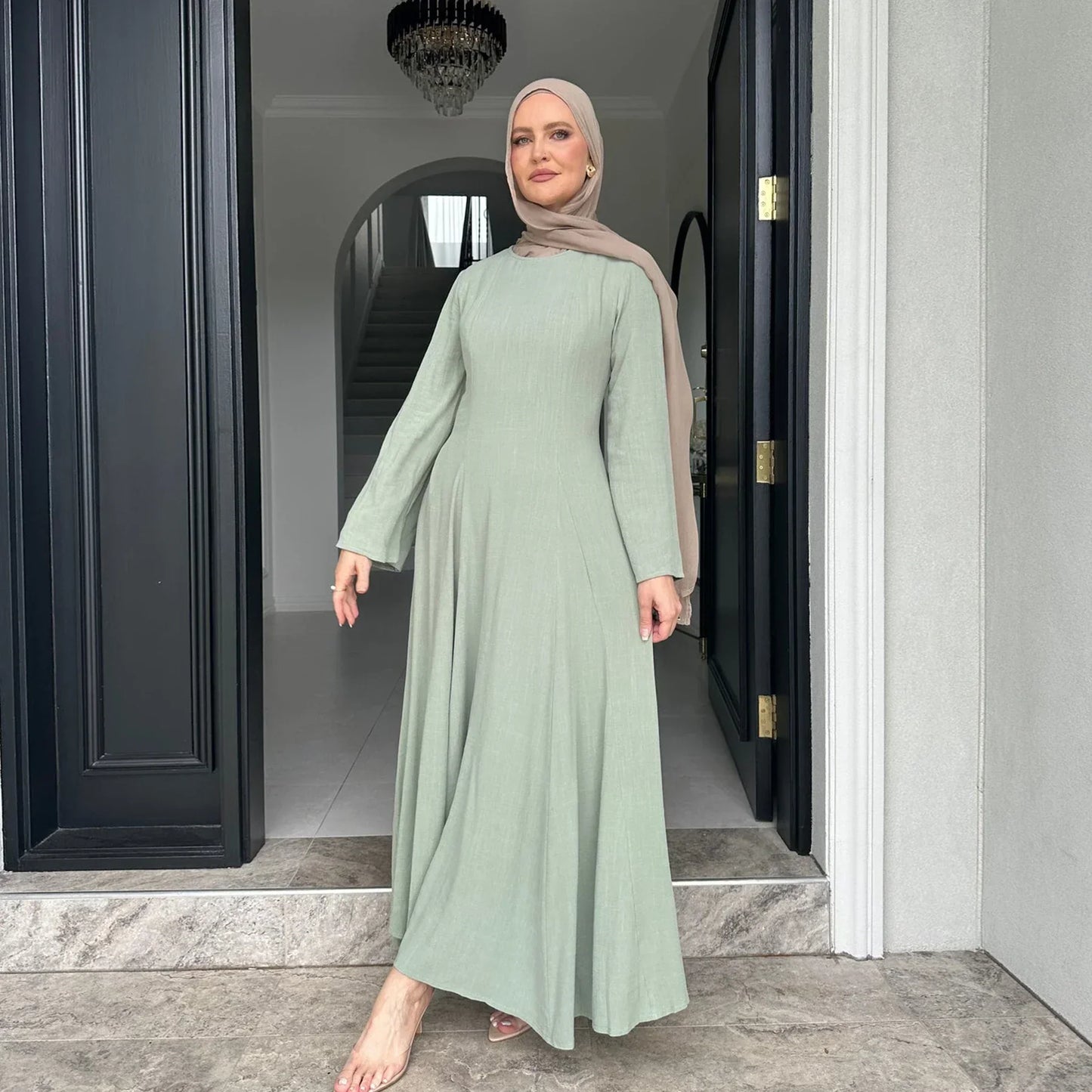 MH36 Tie-Back Linen Cotton Abaya – Slim Fit, Size-Up Comfort | Modest Eid Dress