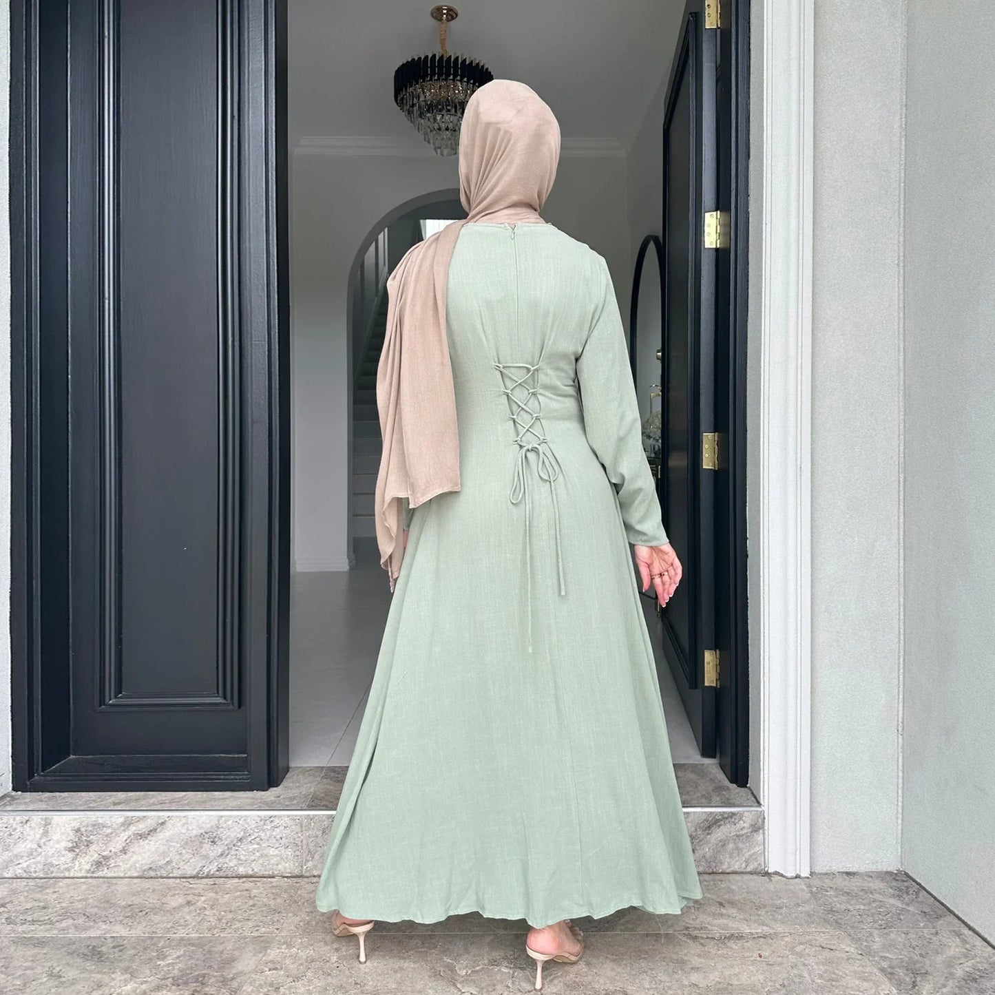 MH36 Tie-Back Linen Cotton Abaya – Slim Fit, Size-Up Comfort | Modest Eid Dress