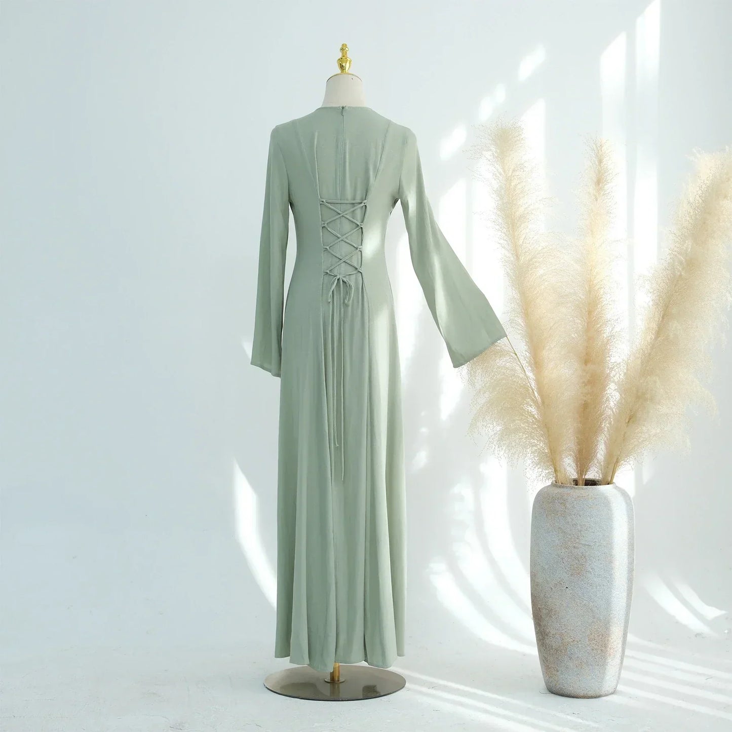 MH36 Tie-Back Linen Cotton Abaya – Slim Fit, Size-Up Comfort | Modest Eid Dress