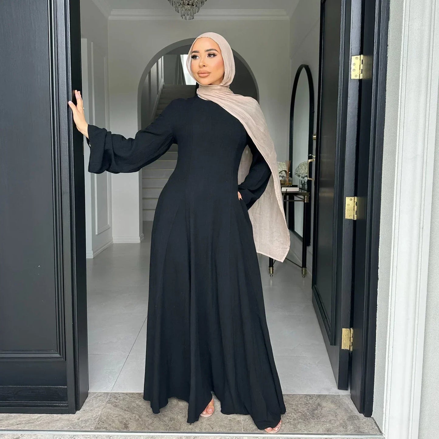 MH36 Tie-Back Linen Cotton Abaya – Slim Fit, Size-Up Comfort | Modest Eid Dress