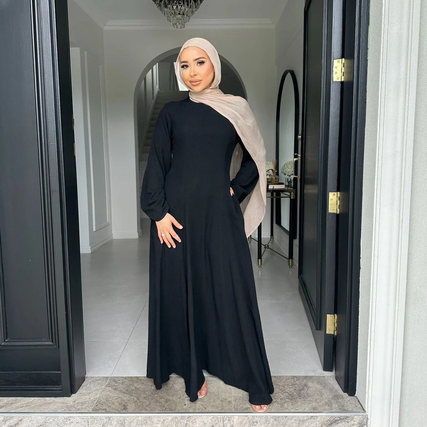 MH36 Tie-Back Linen Cotton Abaya – Slim Fit, Size-Up Comfort | Modest Eid Dress