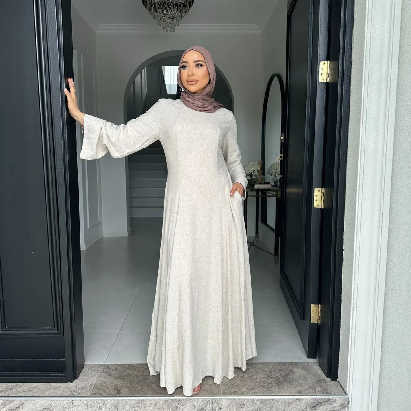 MH36 Tie-Back Linen Cotton Abaya – Slim Fit, Size-Up Comfort | Modest Eid Dress
