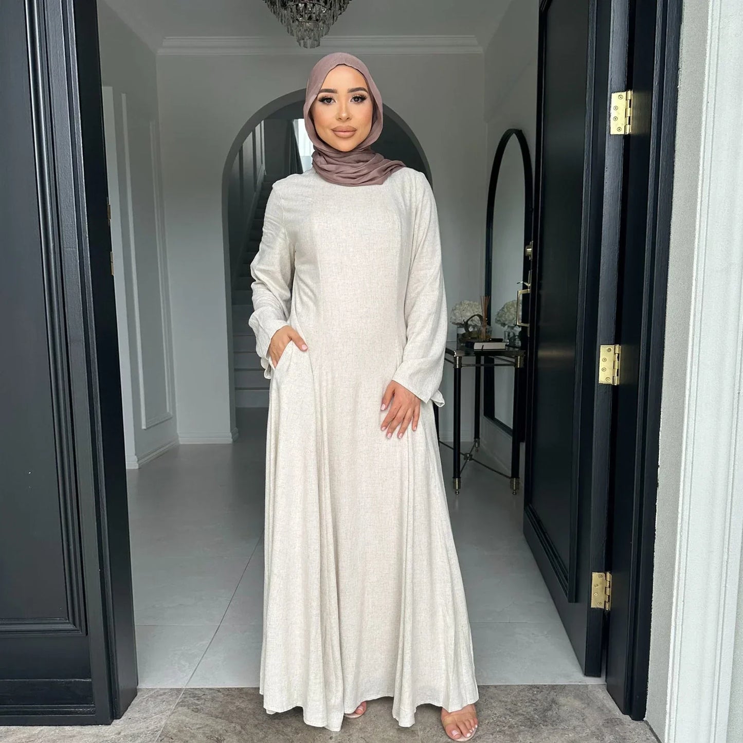 MH36 Tie-Back Linen Cotton Abaya – Slim Fit, Size-Up Comfort | Modest Eid Dress