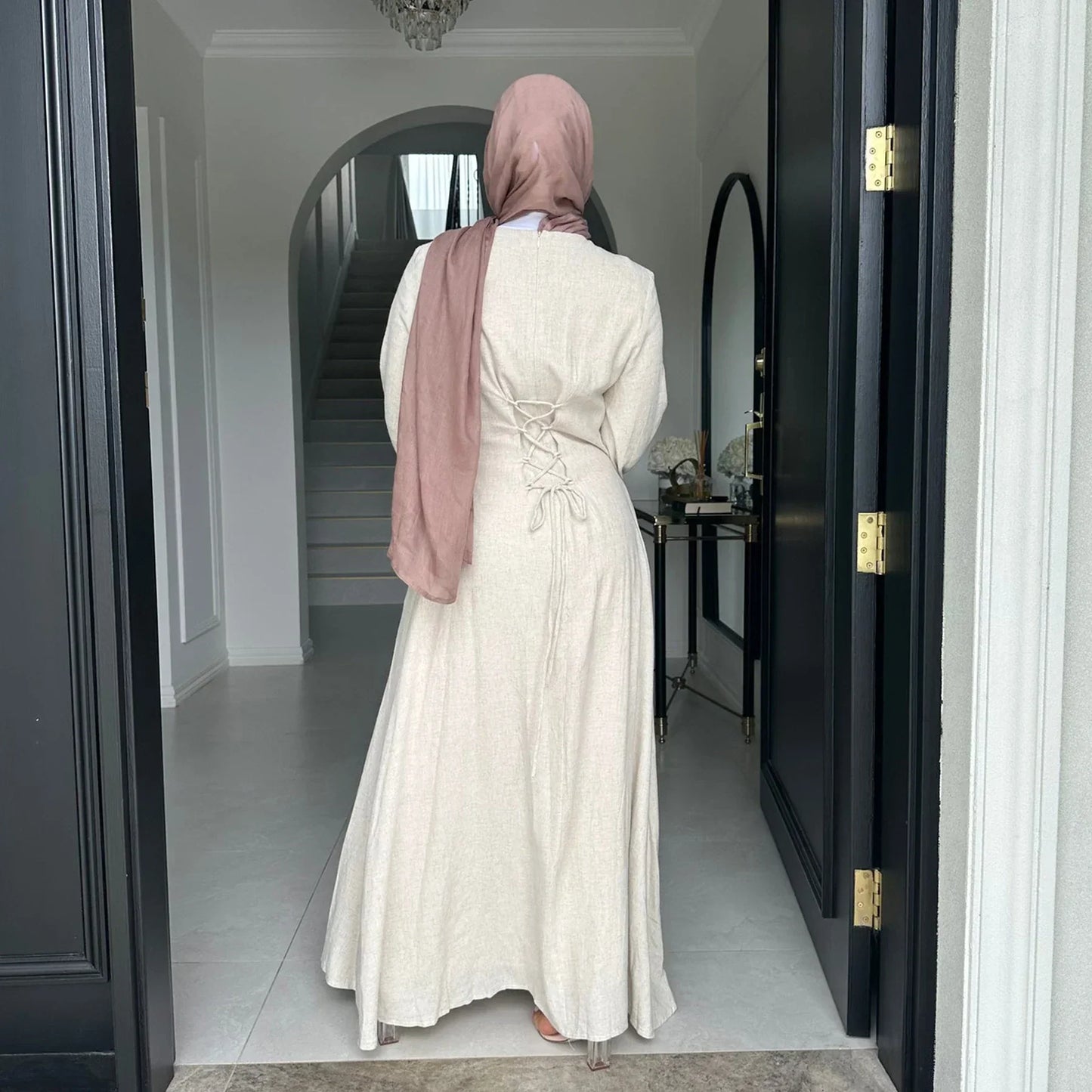 MH36 Tie-Back Linen Cotton Abaya – Slim Fit, Size-Up Comfort | Modest Eid Dress