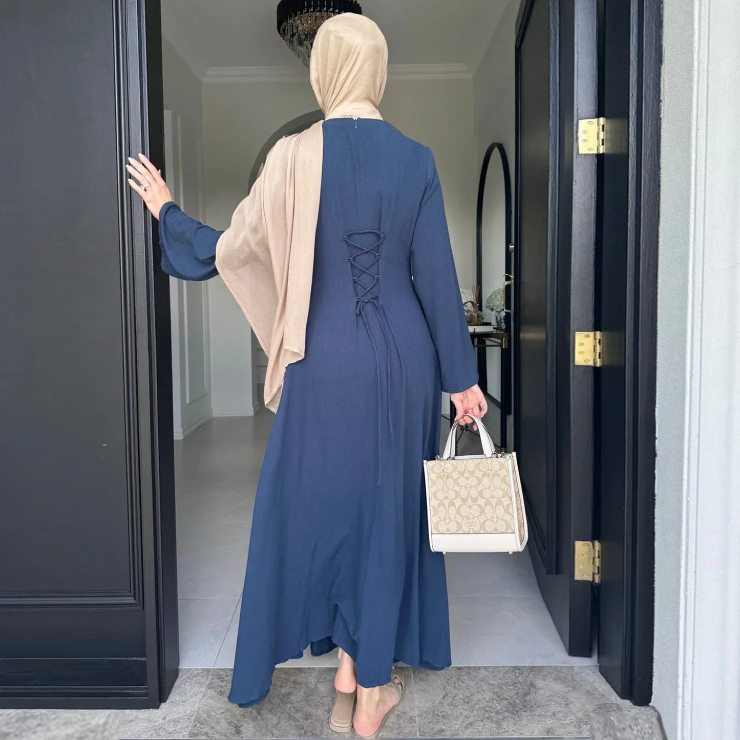 MH36 Tie-Back Linen Cotton Abaya – Slim Fit, Size-Up Comfort | Modest Eid Dress