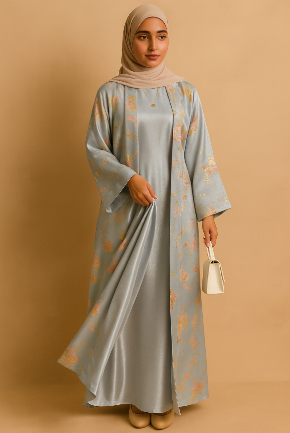 MH98 Sakura Pink Kimono Abaya – Embroidered Eid Abaya with Golden Details