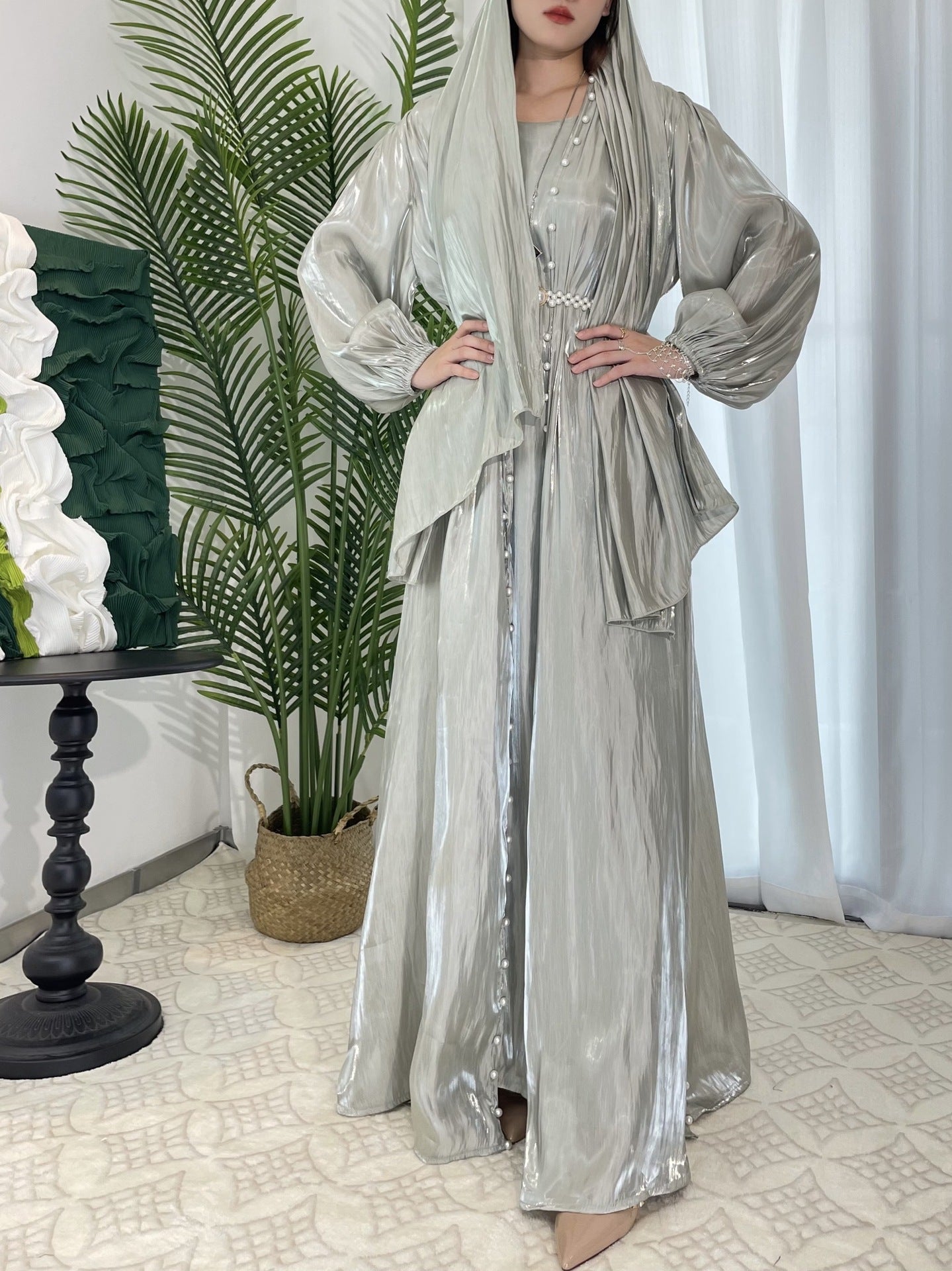 MH120 | Silk Chiffon Modest Set with Hijab, Inner & Outer Skirt + Pearl Belt | ⚠️ Transparent Sleeves