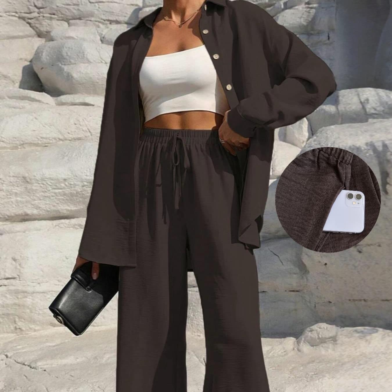 MH41 Button-Front Shirt & Tie-Waist Wide-Leg Pants Set (2-Piece, Pockets)